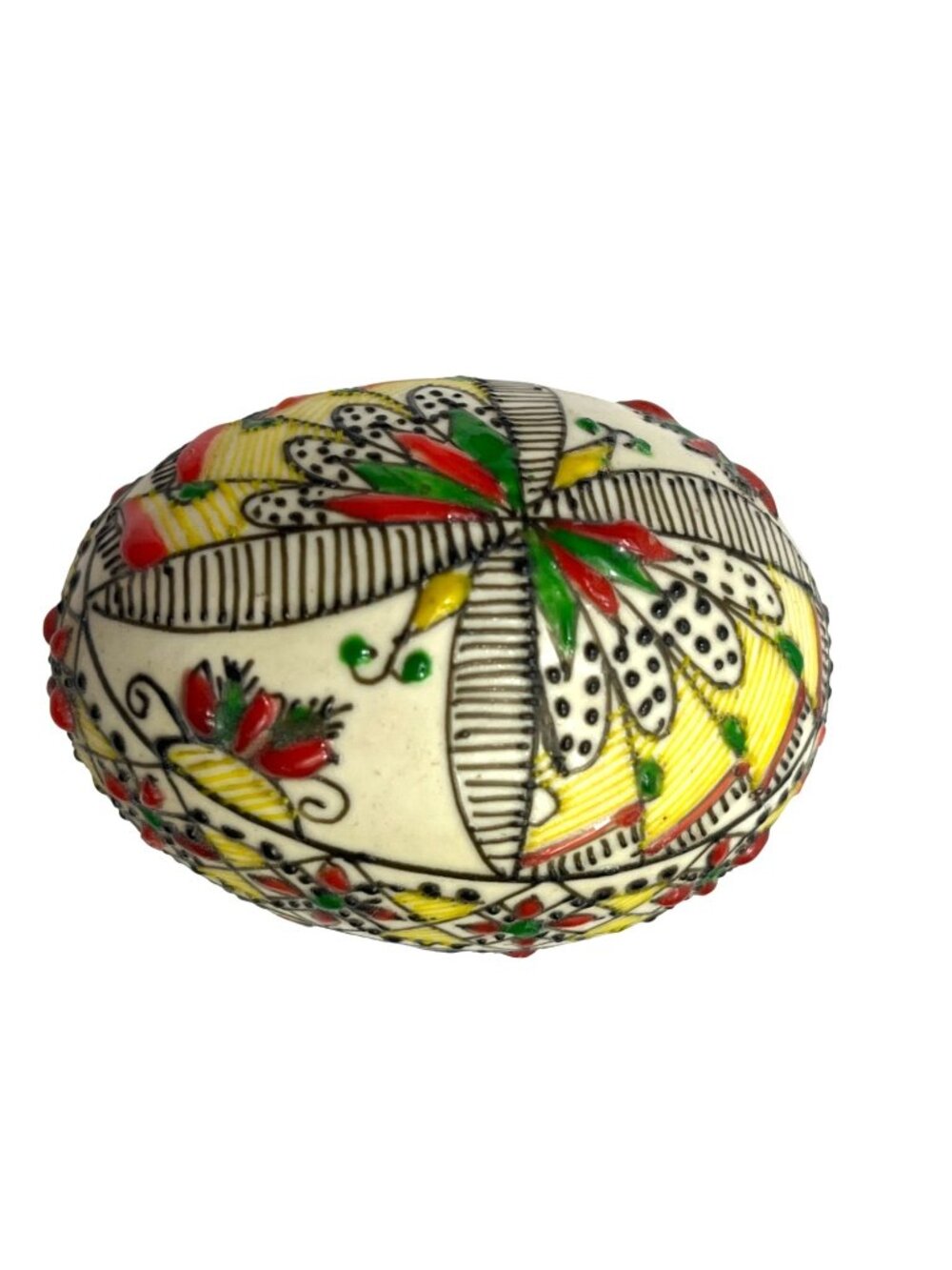 Hand-Painted Ceramic Egg With Intricate Red Yellow & Green Floral Design 2 Inche - Picture 2 of 4